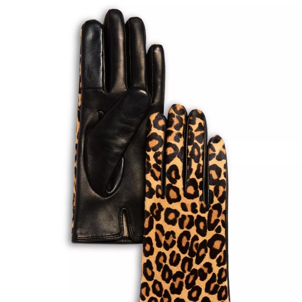 Bloomingdale's Cashmere Lined Animal Print Calf Hair Tech Gloves, Size 7, NWT